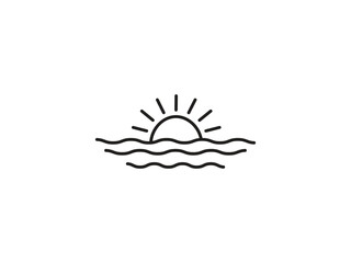 Sunrise and sunset icon. Sun shines or sun ray icon. Simple Line Art of a Sunrise Over Water. Morning Tranquility, New Beginnings, And Nature Beauty Outline Symbol.