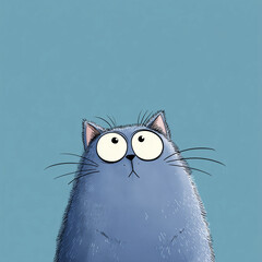 Cute Cartoon Blue Cat with Big Eyes, Playful Illustration on Teal Background