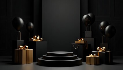 Luxurious black and gold present display with balloons and podium for promotions