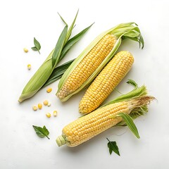 Freshly harvested yellow corn cobs with green husks and leaves