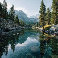 A serene lake nestled among tall pine trees under a clear sky.