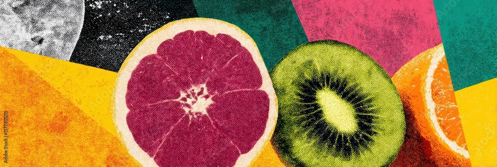 Poster collage featuring vibrant fruit textures in a magazine style with a clean top margin for an artistic