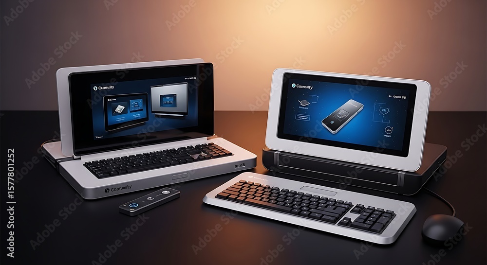 Poster workspace setup with dual screens and keyboards for enhanced productivity