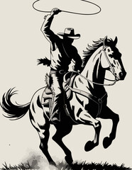 Vintage Western Cowboy on Horseback – Classic Rodeo Sketch with Lasso and Hat in Rustic Style	