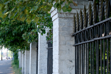 Iron fence lines a lush green walkway on a bright sunny day