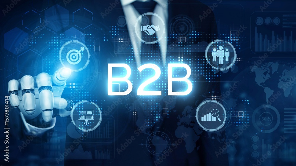 Poster b2b strategy and technology transforming business-to-business operations, optimizing communication, 