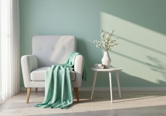 Serene Living Room with Mint Green Throw and White Armchair