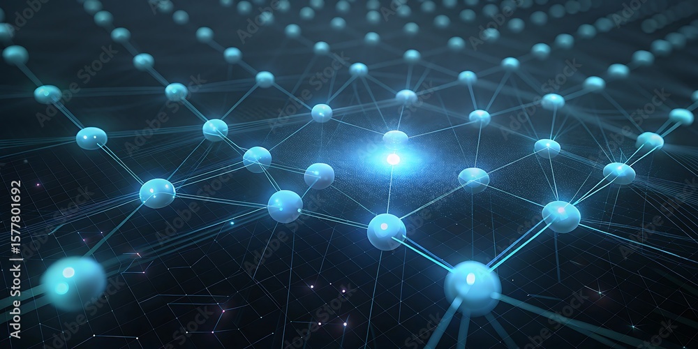 Poster a glowing blue network of interconnected nodes represents a complex digital data system.