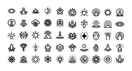 Spiritual and Inner Growth Line Icon Set – Thin Linear Vector Pictograms of Mindfulness, Personal Transformation, Enlightenment, Crystal Glow, Meditation, Universe, Chakra Strength, and Esoteric Symbo
