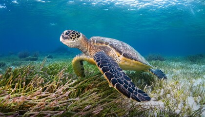 green sea turtle chelonia mydas swimming over seagrass in shallow water lagoon misool raja ampat west papua indonesia ceram sea pacific ocean endangered
