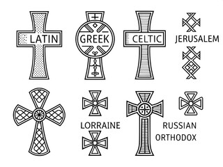 Set of six Christian cross icons in minimalist black line art. The top row shows the Latin, Greek, and Celtic crosses; the bottom row features the Jerusalem, Lorraine, and Russian Orthodox crosses. Ea