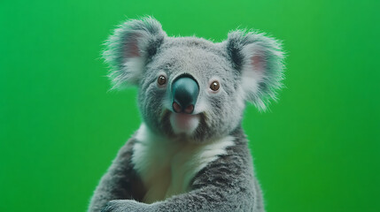 Fototapeta premium Cute koala plush toy with a friendly expression against a vibrant green background