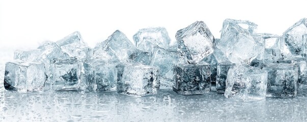A pile of translucent ice cubes, glistening with moisture, sits on a cool surface against a bright white backdrop