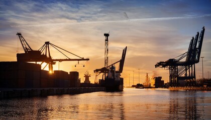 Obraz premium silhouette of shipping containers and cranes at the port of klaipeda lithuania