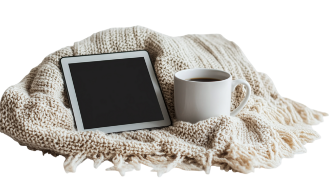 • A cozy reading nook with an e-reader, a blanket, and a mug, isolated on white background in HD 