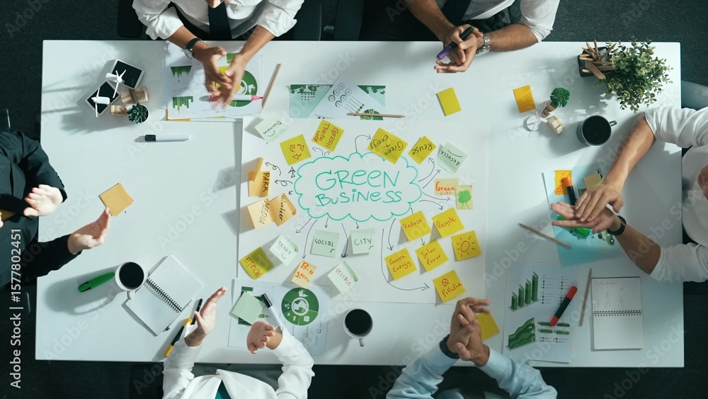 Poster time lapse of skilled business team working together to brainstorm environmental idea by using mind 