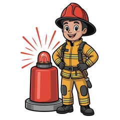Cartoon vector illustration of a boy firefighter with a fire extinguisher, uniform, and helmet