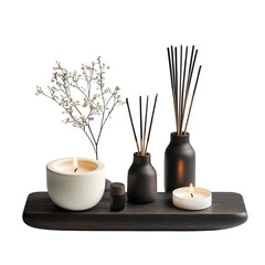 A modern spiritual altar with candles and incense isolated on a transparent background
