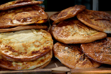 Freshly baked traditional breads from local bakery in vibrant market