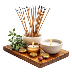 A modern spiritual altar with candles and incense isolated on a transparent background