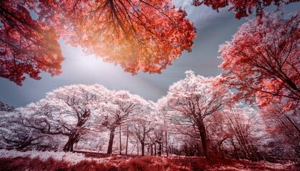 Naklejka premium sunlight filters through infrared trees