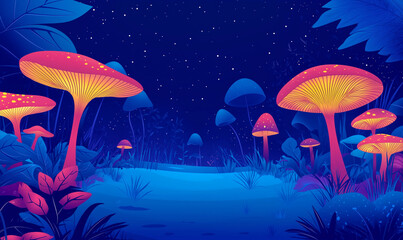 Magical mushroom garden exploration enchanted forest digital art nighttime wide angle mythical ecosystem