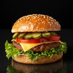 Delicious Gourmet Burger with Lettuce, Tomato, Cheese, and Pickles