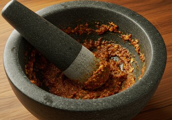 Homemade Spicy Chili Paste in Granite Mortar and Pestle