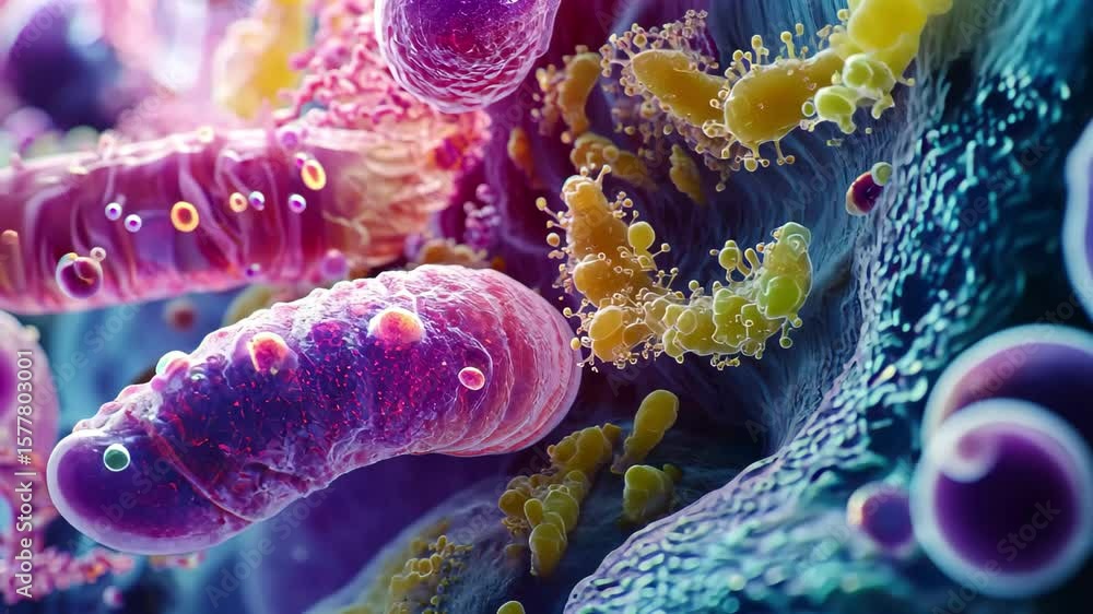 Poster exploring complex interactions between microorganisms in a vibrant macro shot at a cellular level, m