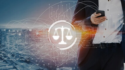 Futuristic digital law interface displaying justice scale, highlighting digital law, AI compliance,...
