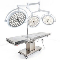 Bright LED surgical lights positioned over a stainless steel operating table