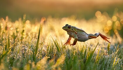 boreal chorus frog jumping across dew covered grass in soft morning light