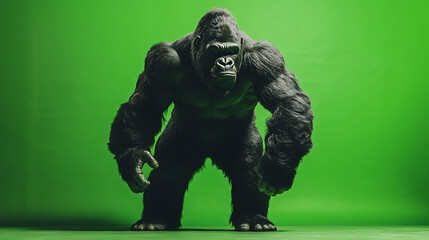 Fototapeta premium A powerful gorilla stands confidently against a vibrant green backdrop, showcasing its strength