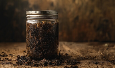 A glass jar filled with dark soil sits on a rustic wooden surface, surrounded by scattered soil, evoking a natural, earthy feel.