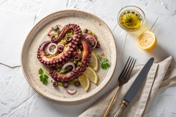 Grilled octopus tentacles served with lemon, olives, and herb garnish