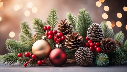 festive ornaments with fir cones and berries