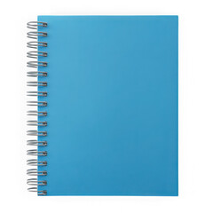 A light blue spiral notebook with silver binding on a white background view