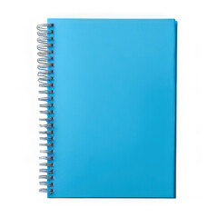 A light blue notebook with a spiral binding on a white background studio shot