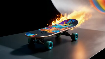 A colorful skateboard with graphics rests in a gradient backdrop - Powered by Adobe