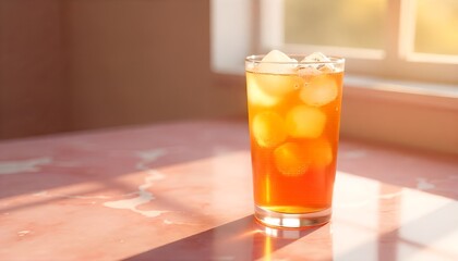 Hyper realistic Glass of iced tea with ice cubes on marble table in warm sunlight near window, refreshing summer drink concept, minimal aesthetic, natural lighting, cozy afternoon vibe"