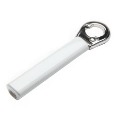 Close up of a white and silver metal bottle opener on a white background