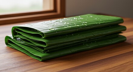 Stack of Fresh Banana Leaves with Water Droplets