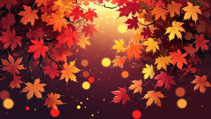 Fototapeta premium A digital artwork of autumn leaves with warm colors, glowing lights, and a serene, dreamy atmosphere.