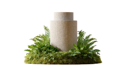 A decorative stone planter surrounded by lush green ferns, creating a serene natural atmosphere.
