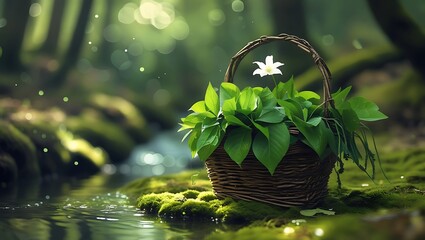 Woven basket filled with lush green leaves and a white flower by a mossy stream
