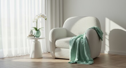 Serene Living Room with Cozy Armchair and White Orchid