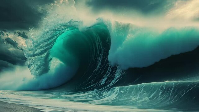 Massive tsunami wave crashes onto sandy beach under stormy skies, tsunami or giant wave at beach disaster video background Seamless ing quality