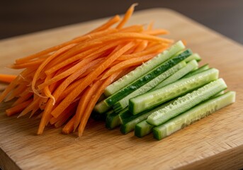Freshly Cut Carrot and Cucumber Sticks on Wooden Board