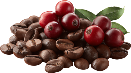Coffee beans and fresh coffee cherries with green leaves on a white isolated background.