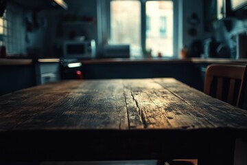 Dark brown wooden table in blurred kitchen, Dark brown wooden table positioned in a kitchen